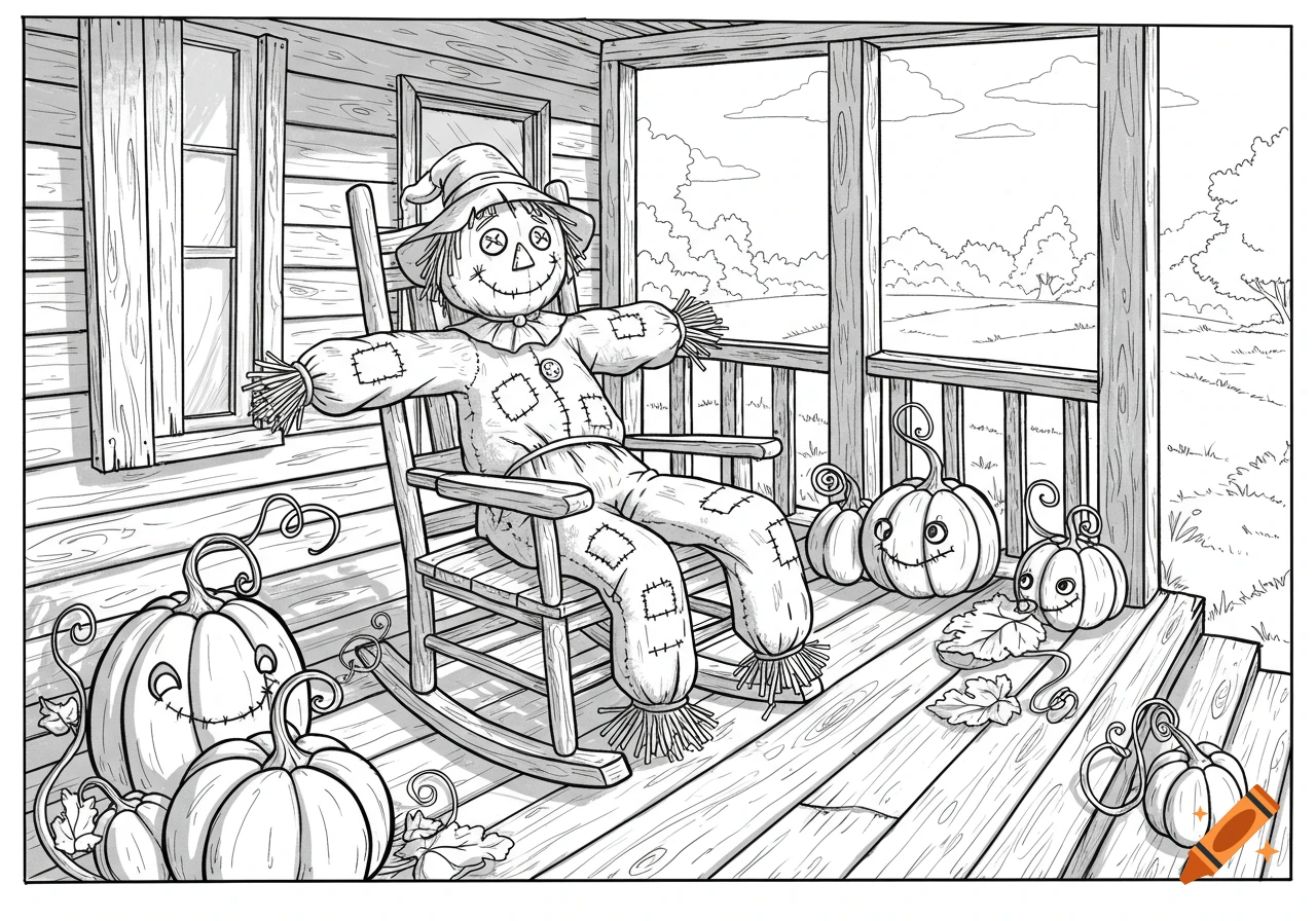 A line drawing of a scarecrow sitting in a rocking chair on a country porch, surrounded by pumpkins.