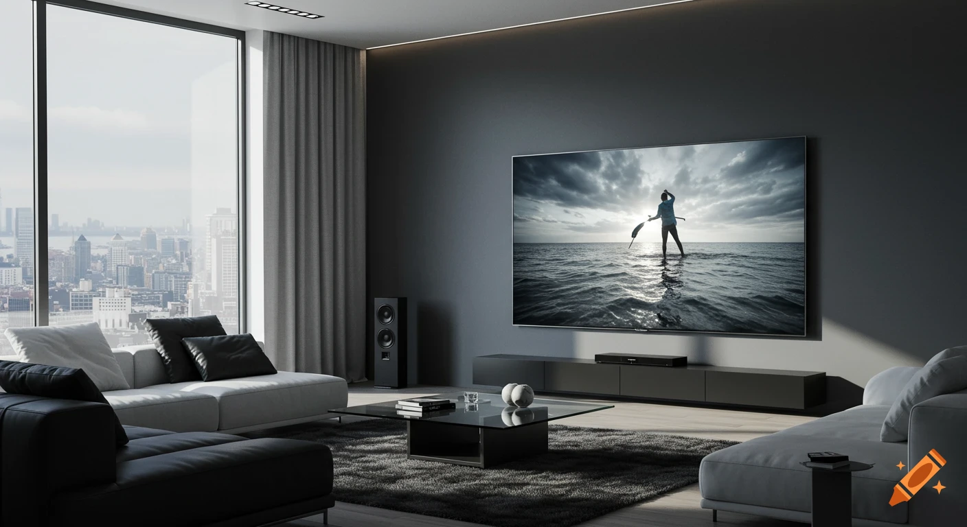 A modern living room featuring a large window with a city view, a dark gray wall, and a giant TV showing a person paddleboarding.