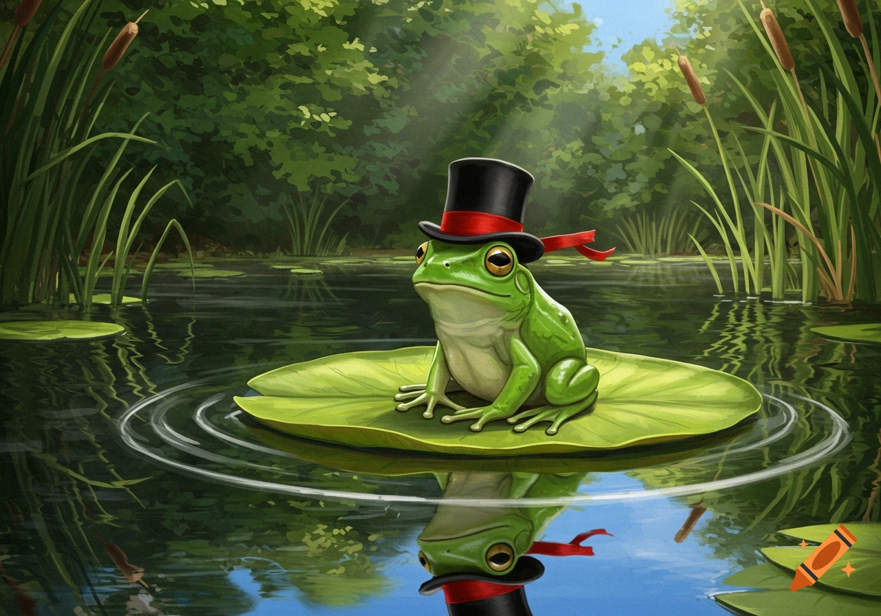 A vibrant digital painting of a green frog wearing a black top hat with a red ribbon, sitting on a lily pad in a lake.