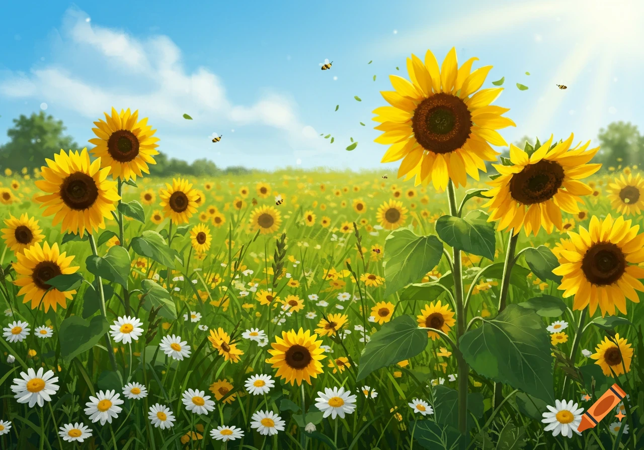 A vibrant field of yellow sunflowers and white daisies under a bright blue sky with bees flying.