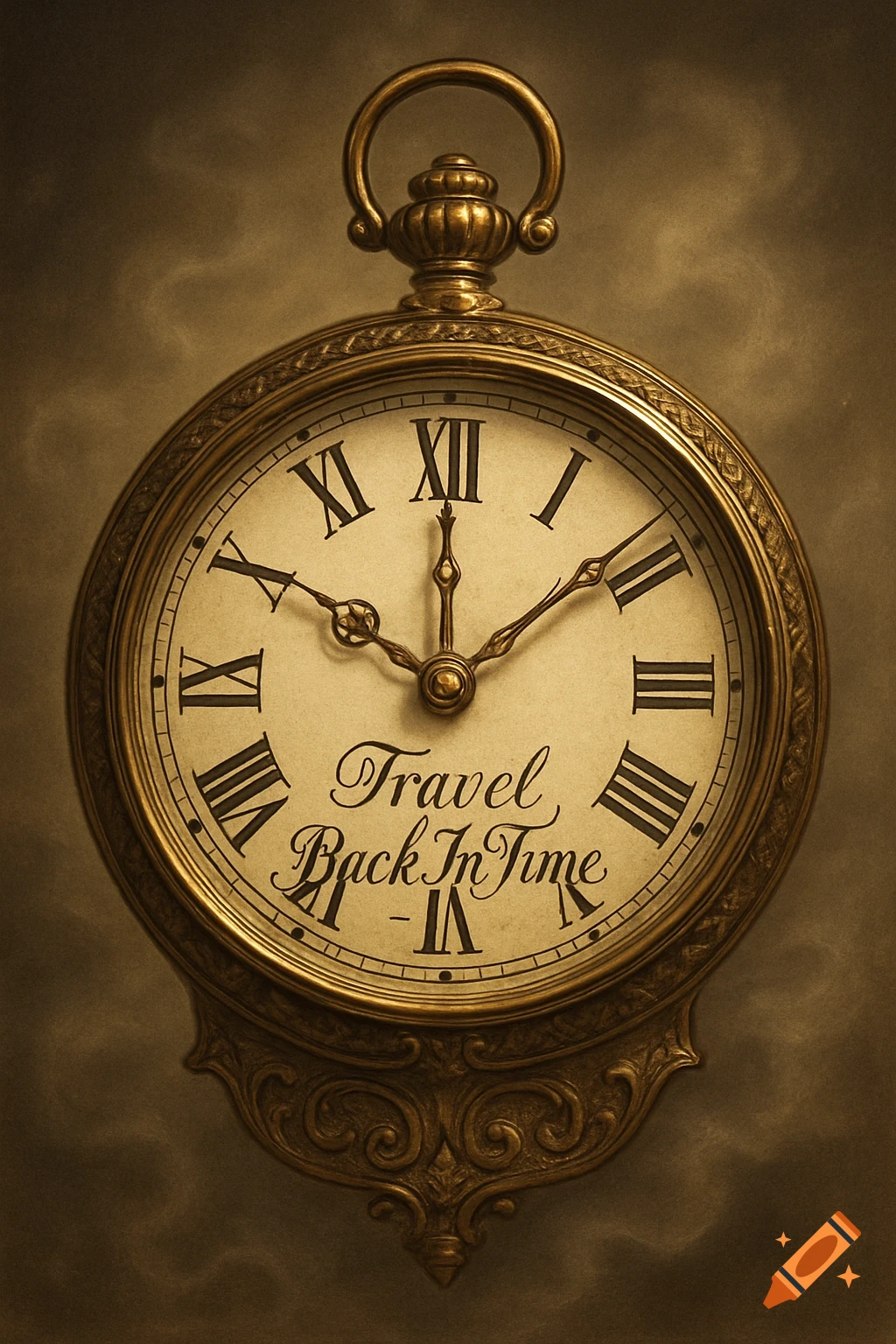 An ornate, vintage pocket watch with Roman numerals on its face, which also reads 'Travel Back In Time'. The image has a sepia tone.