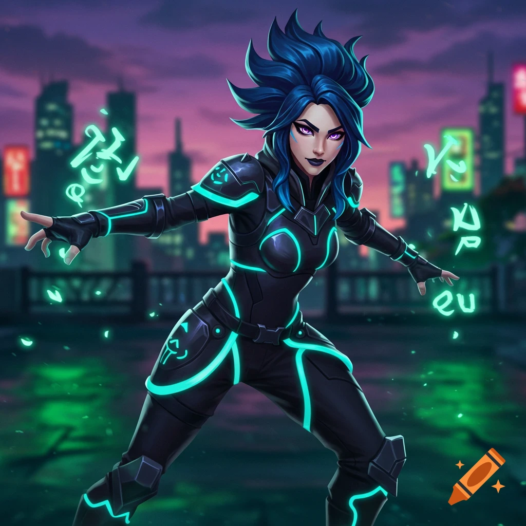 Female character with blue spiky hair in black suit with glowing cyan lines casting green symbols, futuristic city background.