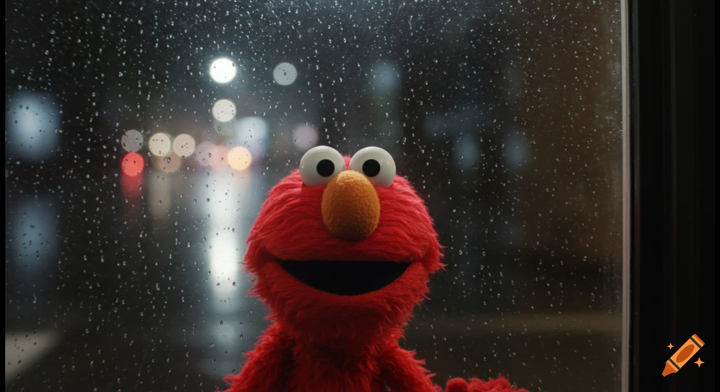 Photorealistic image of Elmo looking out a rainy window at blurred city lights at night.