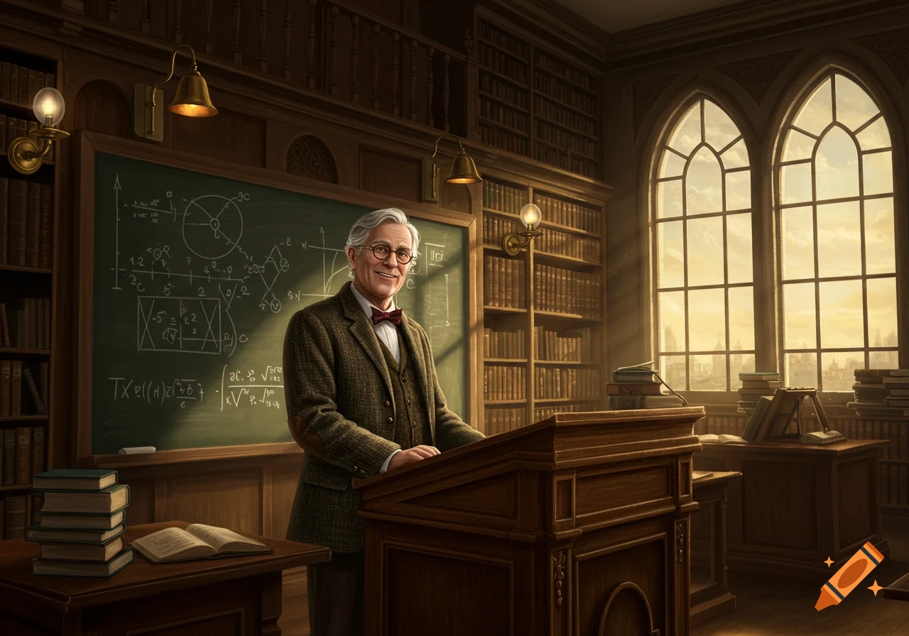 An elderly professor stands at a lectern in a grand, sunlit library with a blackboard behind him.