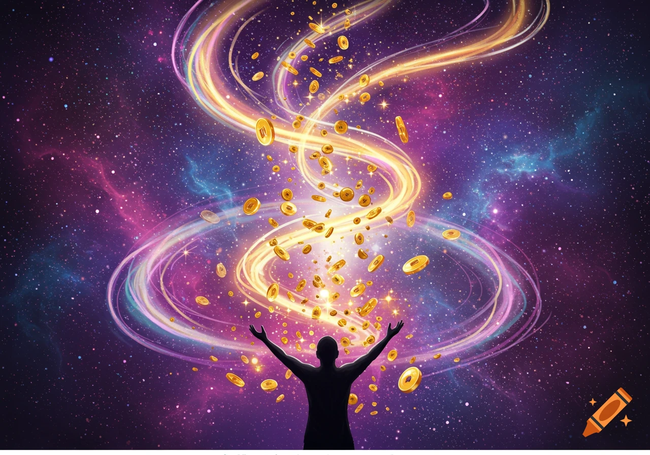 A silhouetted person with outstretched arms stands against a vibrant galaxy, surrounded by swirling light trails and falling gold coins.