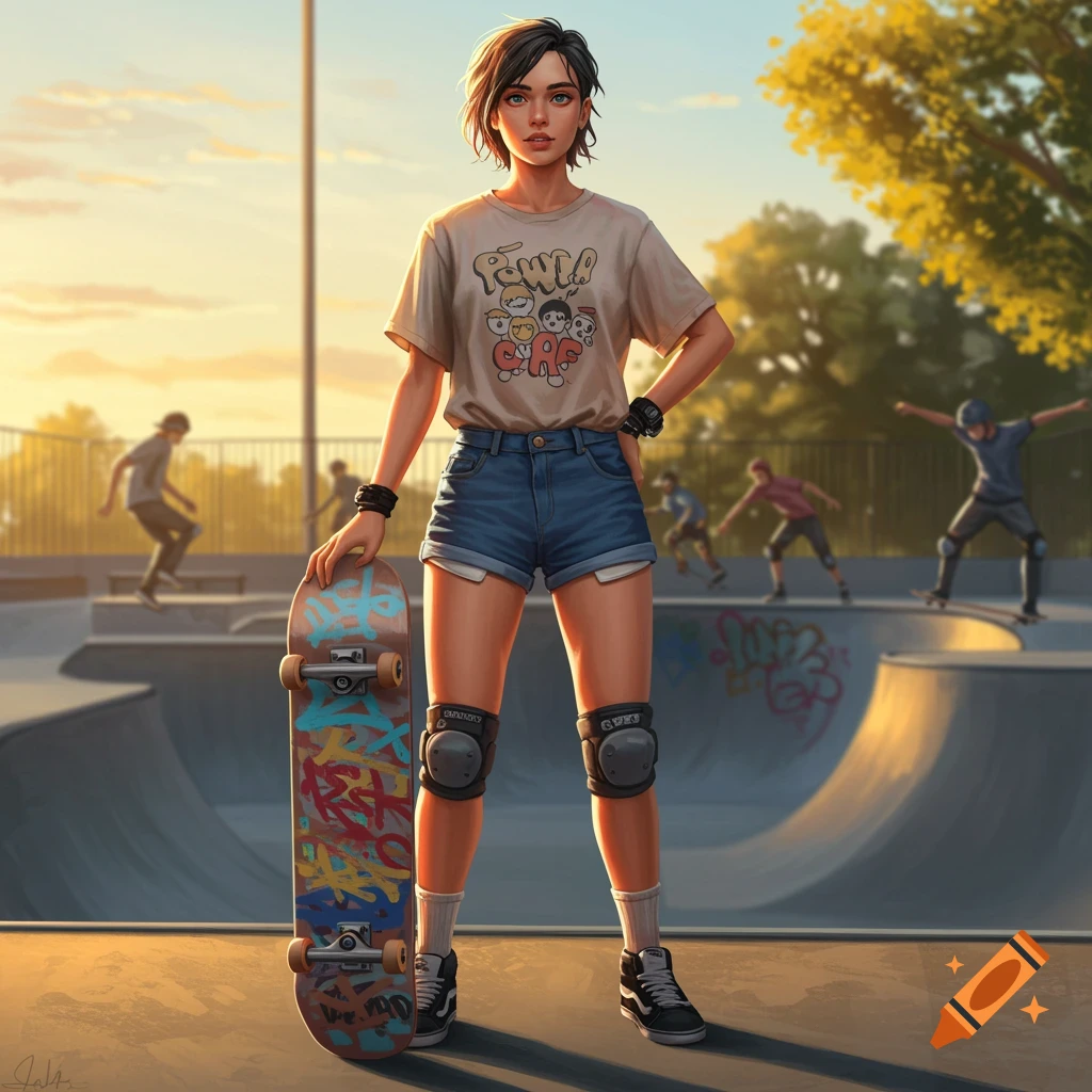 A young woman stands in a skatepark, holding a skateboard. She wears a t-shirt, denim shorts, and knee pads. Digital art style.