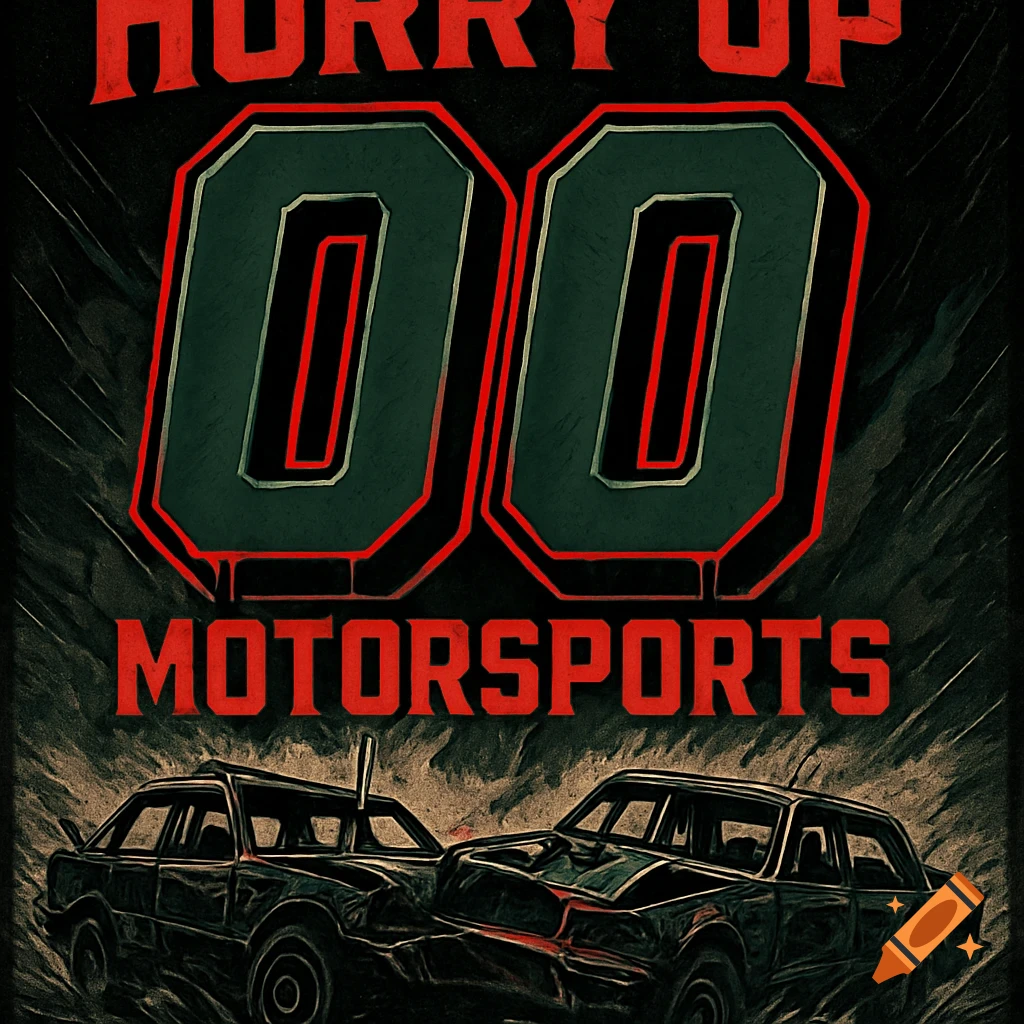 A dark, aggressive banner for 'HURRY UP 00 MOTORSPORTS' with two damaged demolition derby cars below. Red, green, and black grunge style.