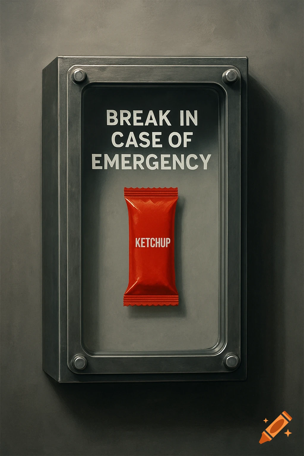 A bright red ketchup packet inside a grey wall-mounted emergency box labeled 'BREAK IN CASE OF EMERGENCY'.