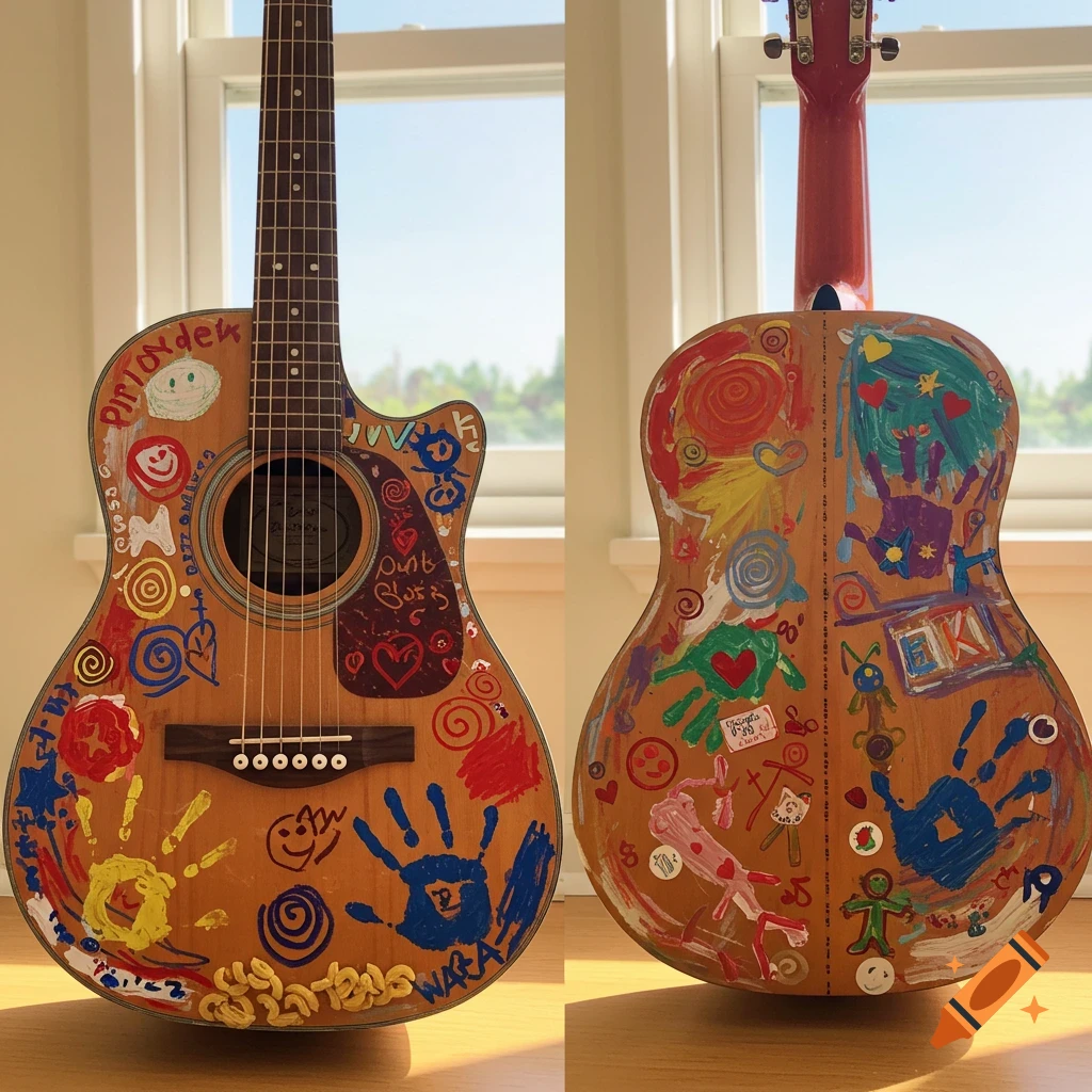 Acoustic guitar decorated with colorful childlike drawings