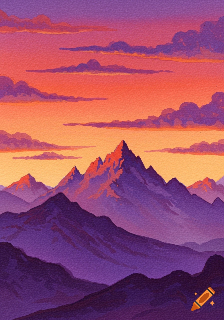 Watercolor painting of purple mountains silhouetted against an orange and purple sunset sky with clouds.
