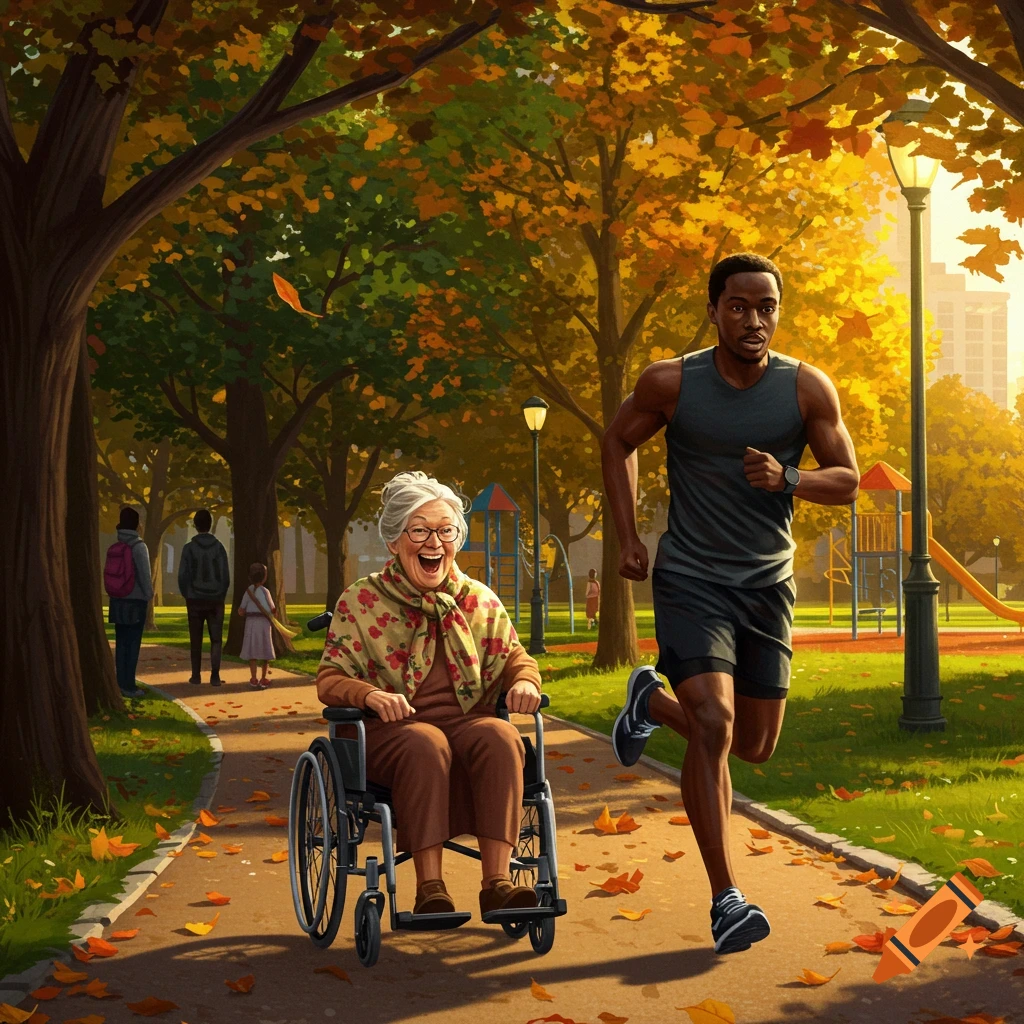 A man jogs past an elderly woman in a wheelchair in a vibrant autumn park.