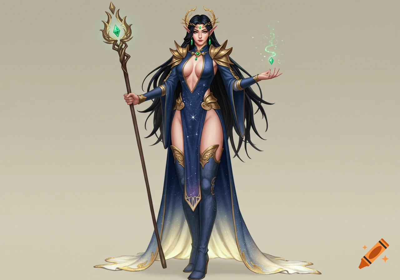 An elegant, tall sorceress in a deep blue, star-patterned gown and thigh-high boots, holding a staff and casting magic, depicted in a semi-realistic digital painting.