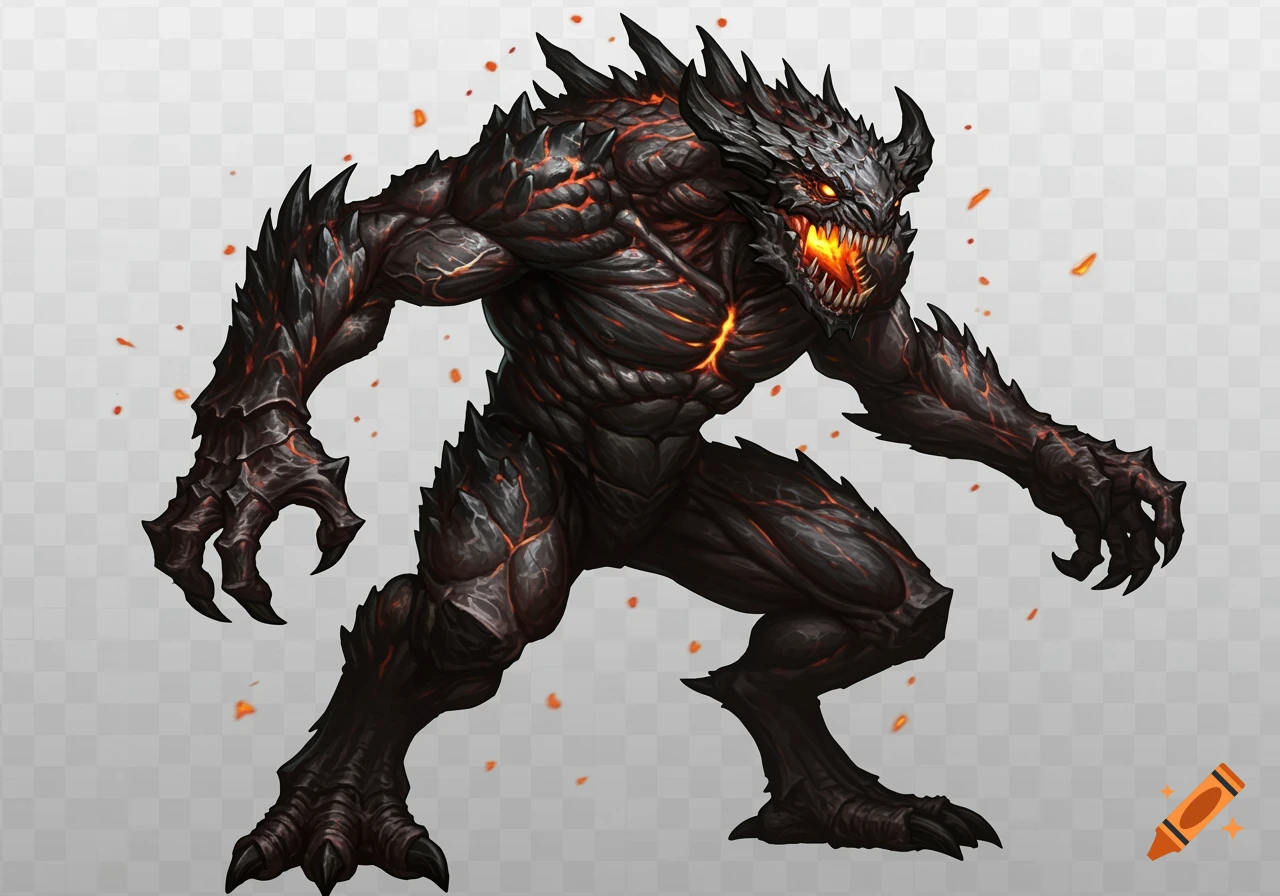 A dark, spiky reptilian monster with glowing orange cracks, fiery eyes, and a fiery mouth, standing on a transparent background.