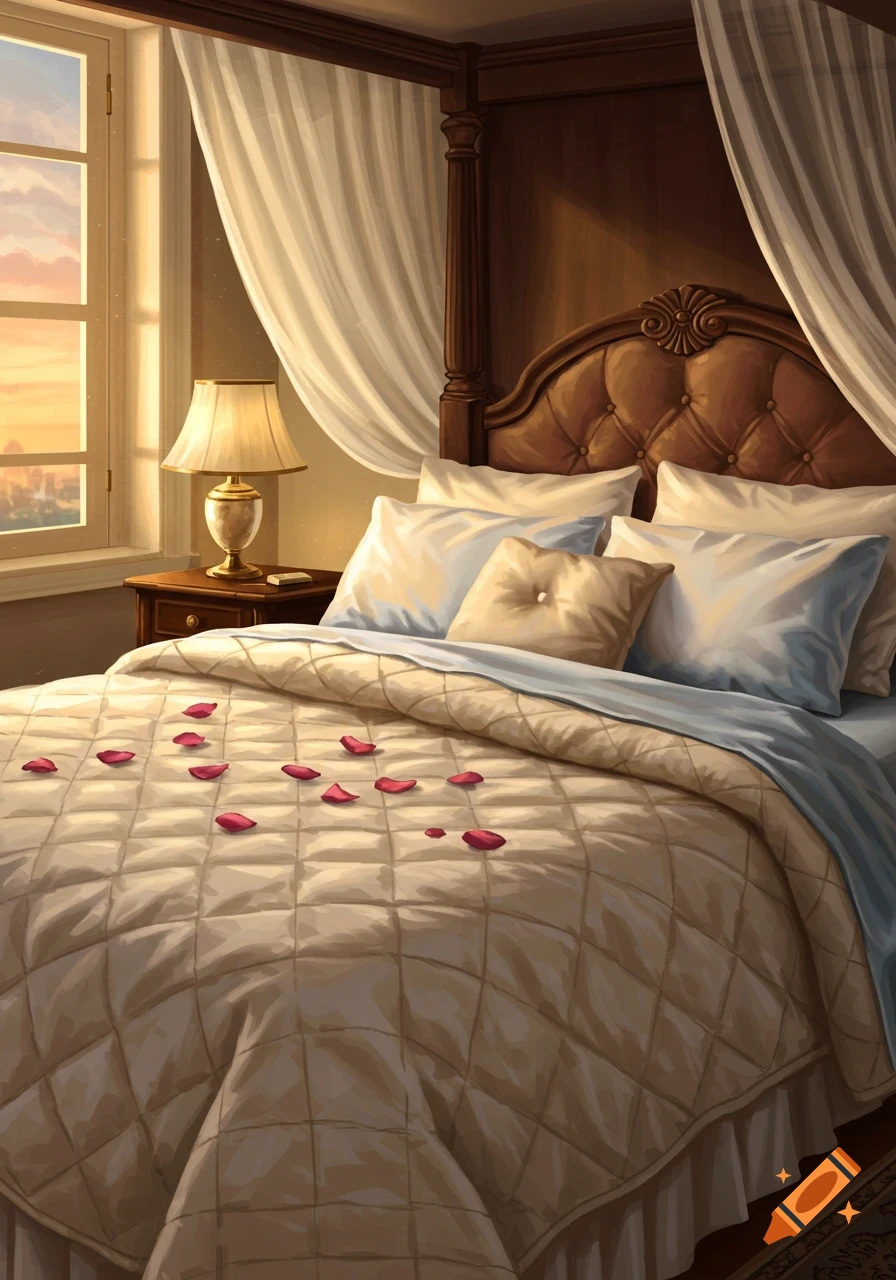A sunlit bedroom with a four-poster bed adorned with rose petals, next to a window showing a sunset city view.