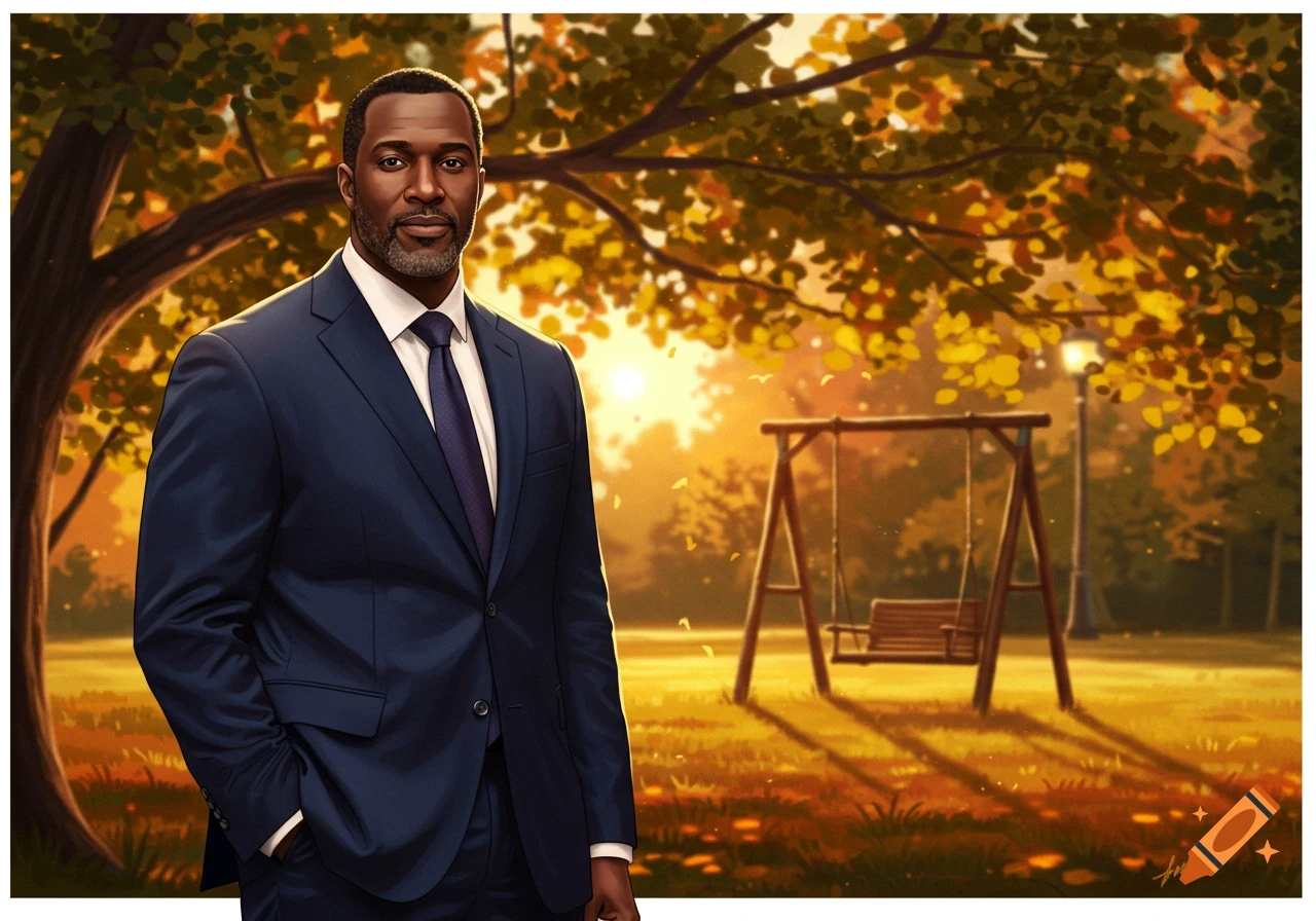 Illustrated portrait of a man in a navy suit standing in an autumn park with golden leaves and a swing set.