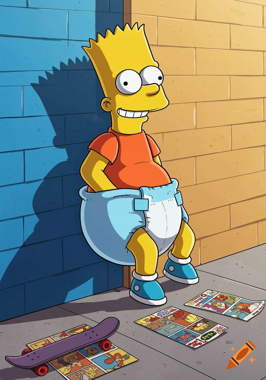 Cartoon of Bart Simpson smiling in a diaper, leaning against a blue wall, with a skateboard and comic books on the ground.