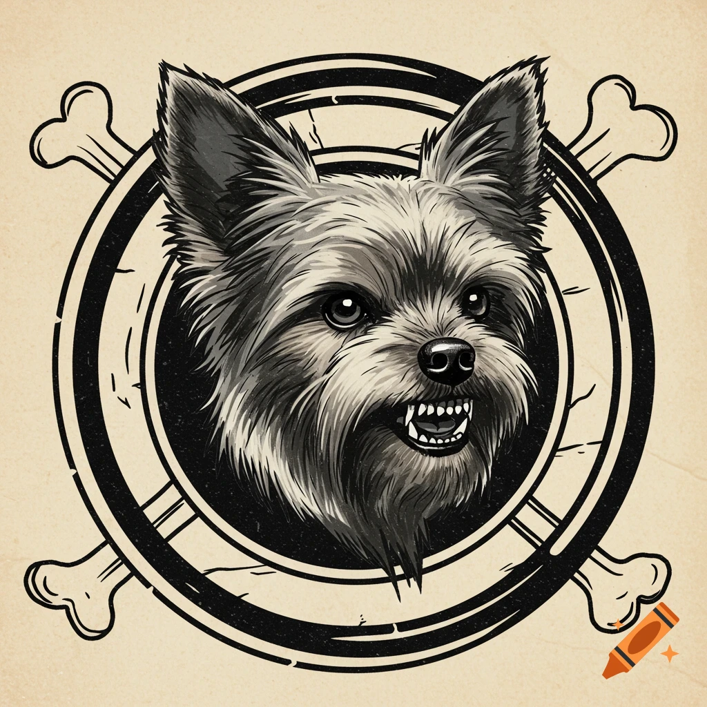 Stylized illustration of a snarling Yorkshire terrier head in a circular emblem with crossed bones, resembling a pirate Jolly Roger flag.