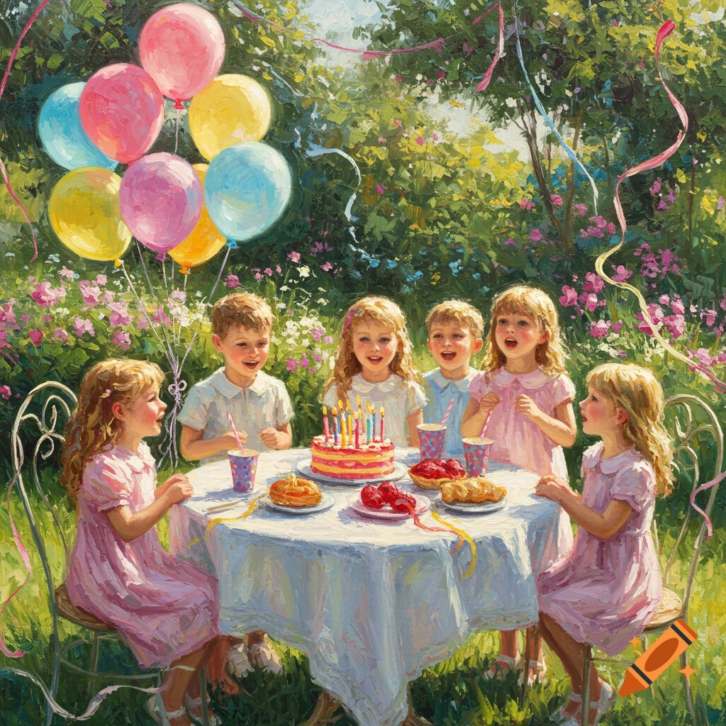 An impressionist painting of children celebrating a birthday party outdoors with a cake and balloons.