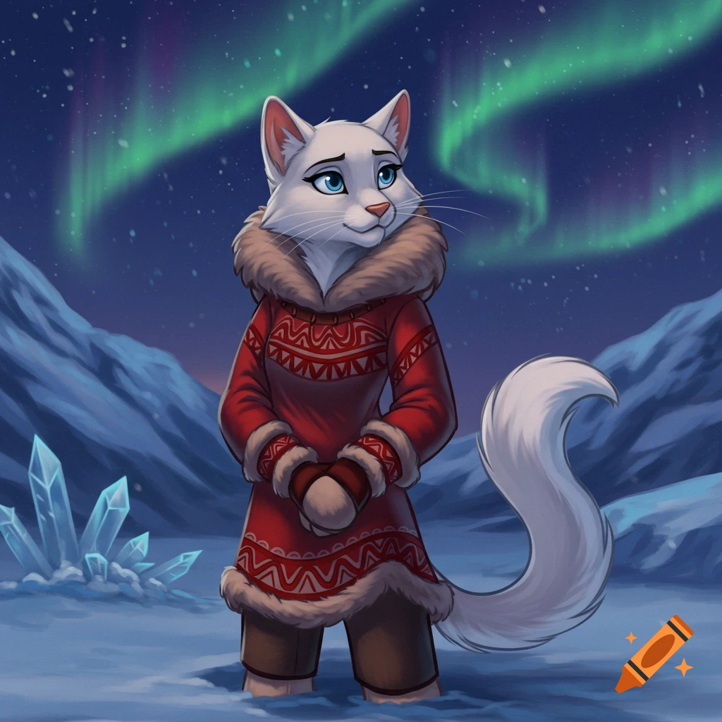 An anthropomorphic white cat wearing a red winter coat stands in snow under the northern lights.