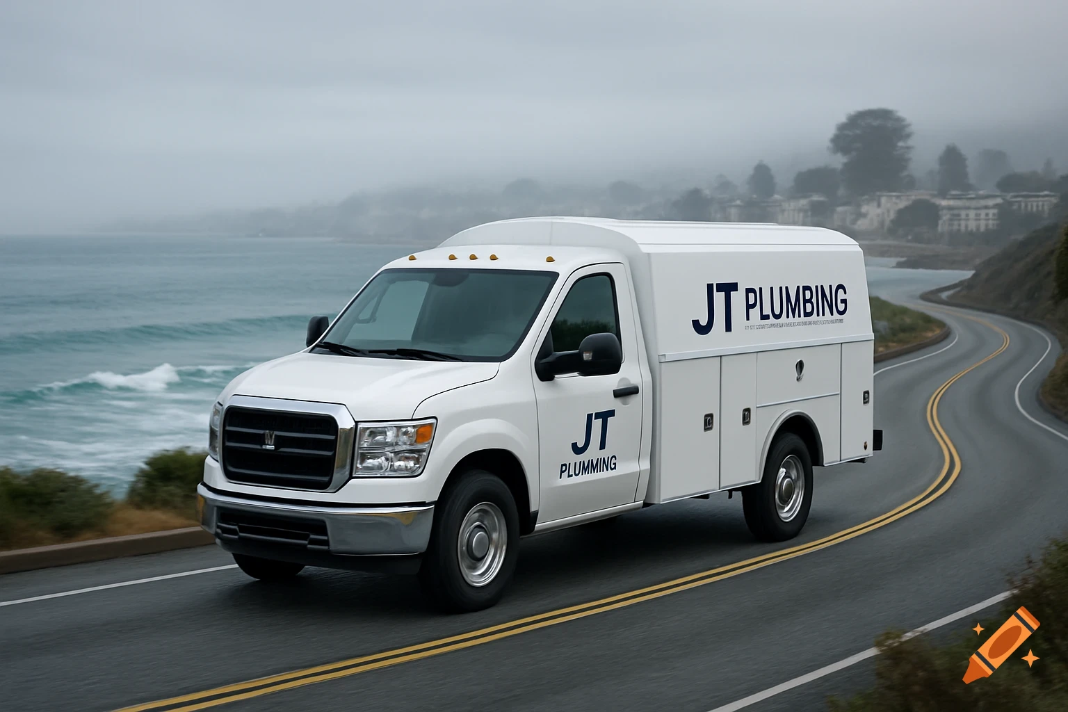 A white plumbing truck with "JT PLUMBING" on its side drives on a winding coastal road with the ocean in the background on a cloudy day.