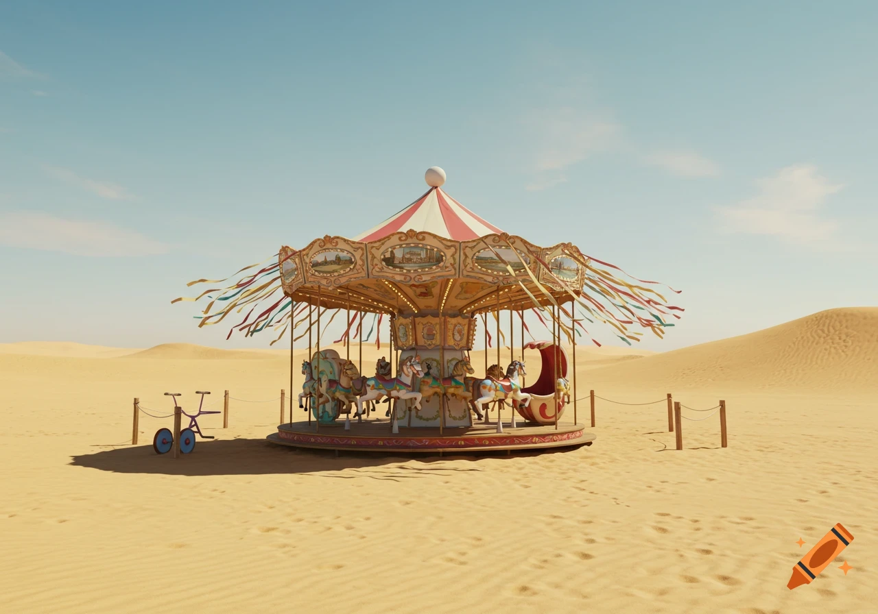 A colorful carousel stands abandoned in the middle of a vast, sunny desert landscape with sand dunes under a clear blue sky.
