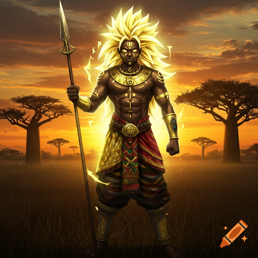 A powerful Ghanaian warrior with golden glowing Super Saiyan hair stands in a savanna landscape at sunset, holding a spear.