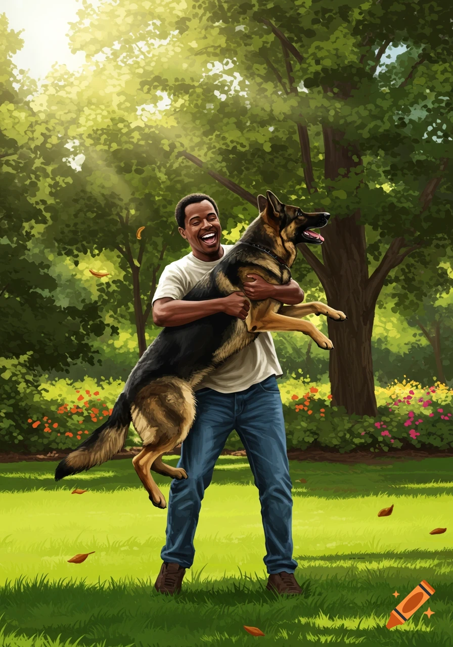 A joyful African American man holds a German Shepherd in a sunlit park, digital illustration.