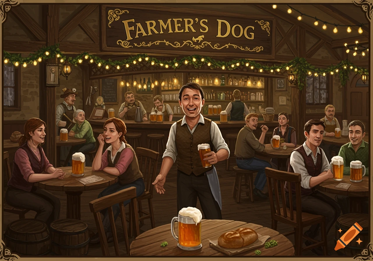 An illustrated scene of a lively, rustic pub with people socializing and drinking beer, featuring a prominent 'FARMER'S DOG' sign.
