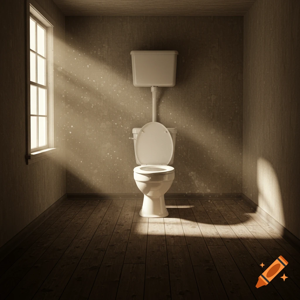 A stark, empty room with a toilet in the center, illuminated by sunbeams from a window.