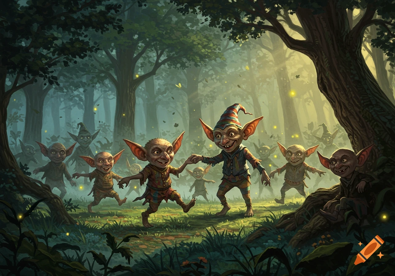 A group of mischievous, pointy-eared hobgoblins dancing and running through a misty, magical forest with glowing lights.