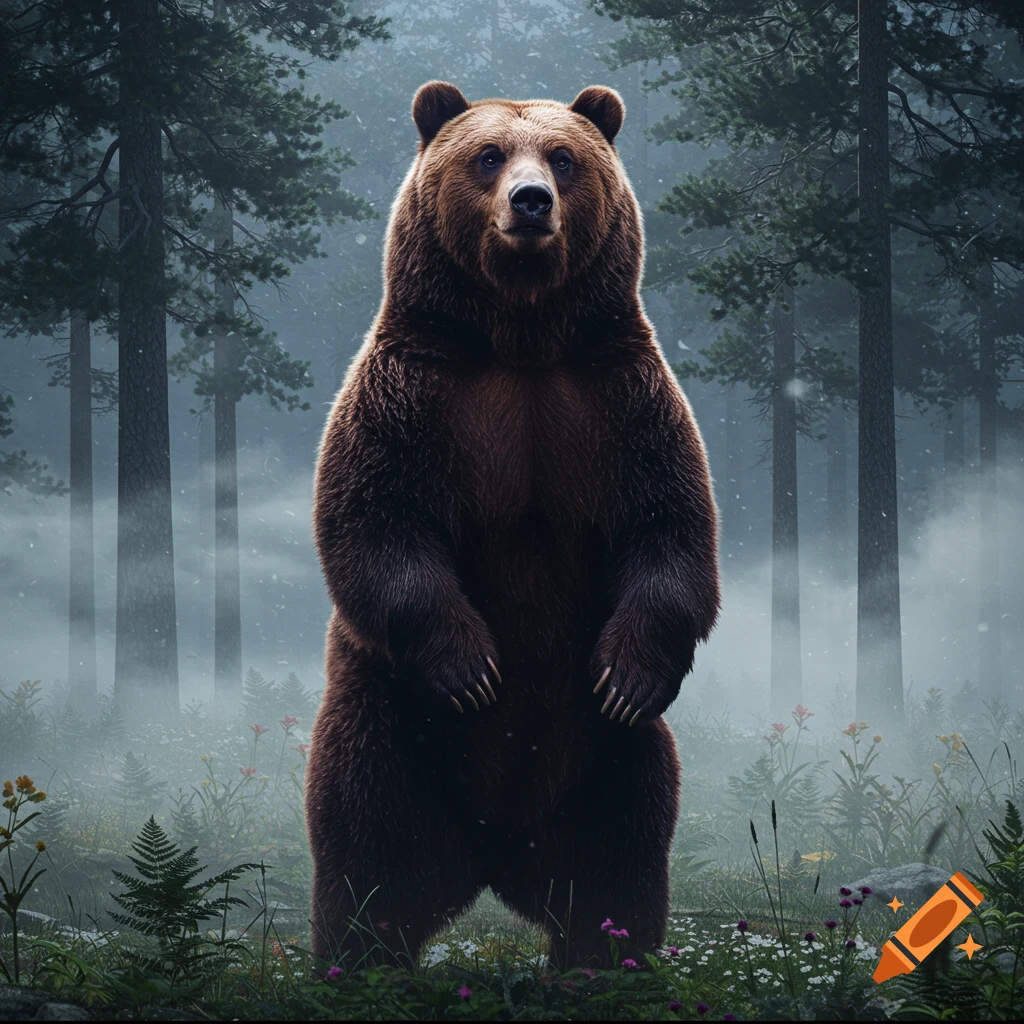 A large brown bear stands on its hind legs in a misty forest with tall pine trees and wildflowers. Photorealistic style.