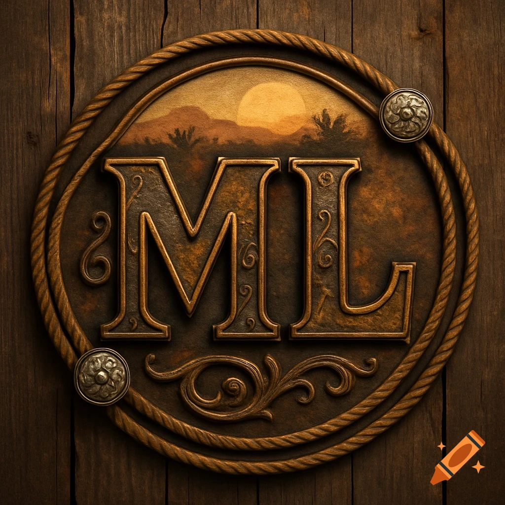 A rustic western-style logo with embossed gold letters ML in an oval rope frame, set against a sunset desert scene on wood.