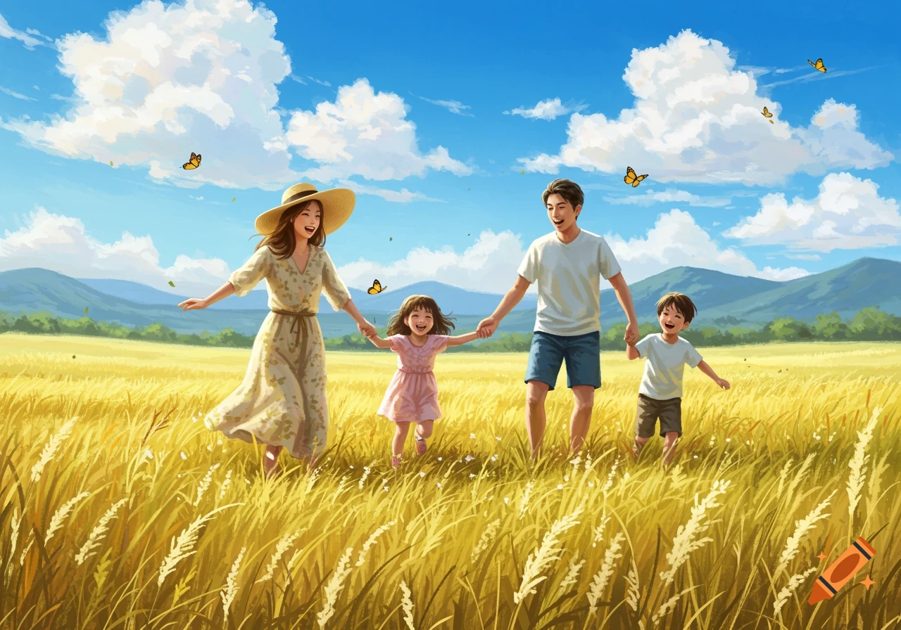 An illustration of a happy family holding hands and walking through a sunny golden field with butterflies.