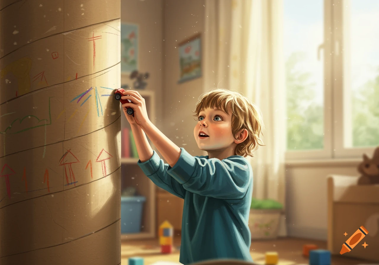 A young child, drawn in an illustrative style, plays with a small red toy car on a large cardboard tube covered in colorful scribbles, looking up in a brightly lit room.