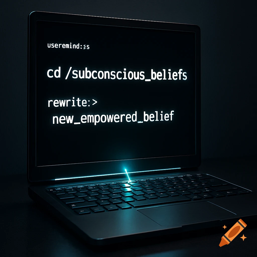 A dark, minimalist image of a laptop displaying a glowing command line interface. The screen shows 'cd /subconscious_beliefs' and 'rewrite:>new_empowered_belief' with a bright blue cursor.