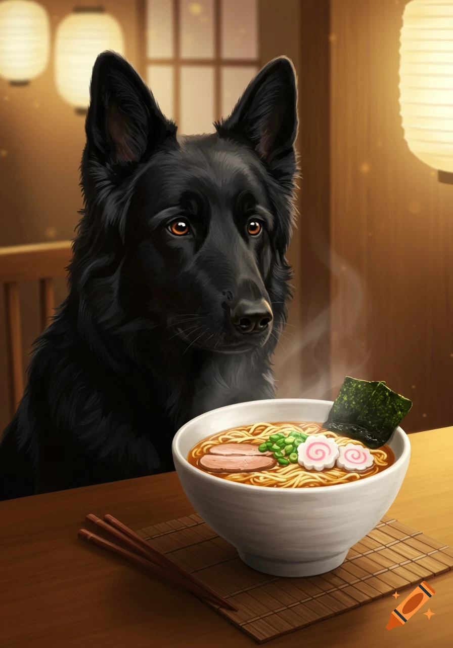 A black German Shepherd dog looking at a steaming bowl of ramen on a wooden table with lanterns in the background.