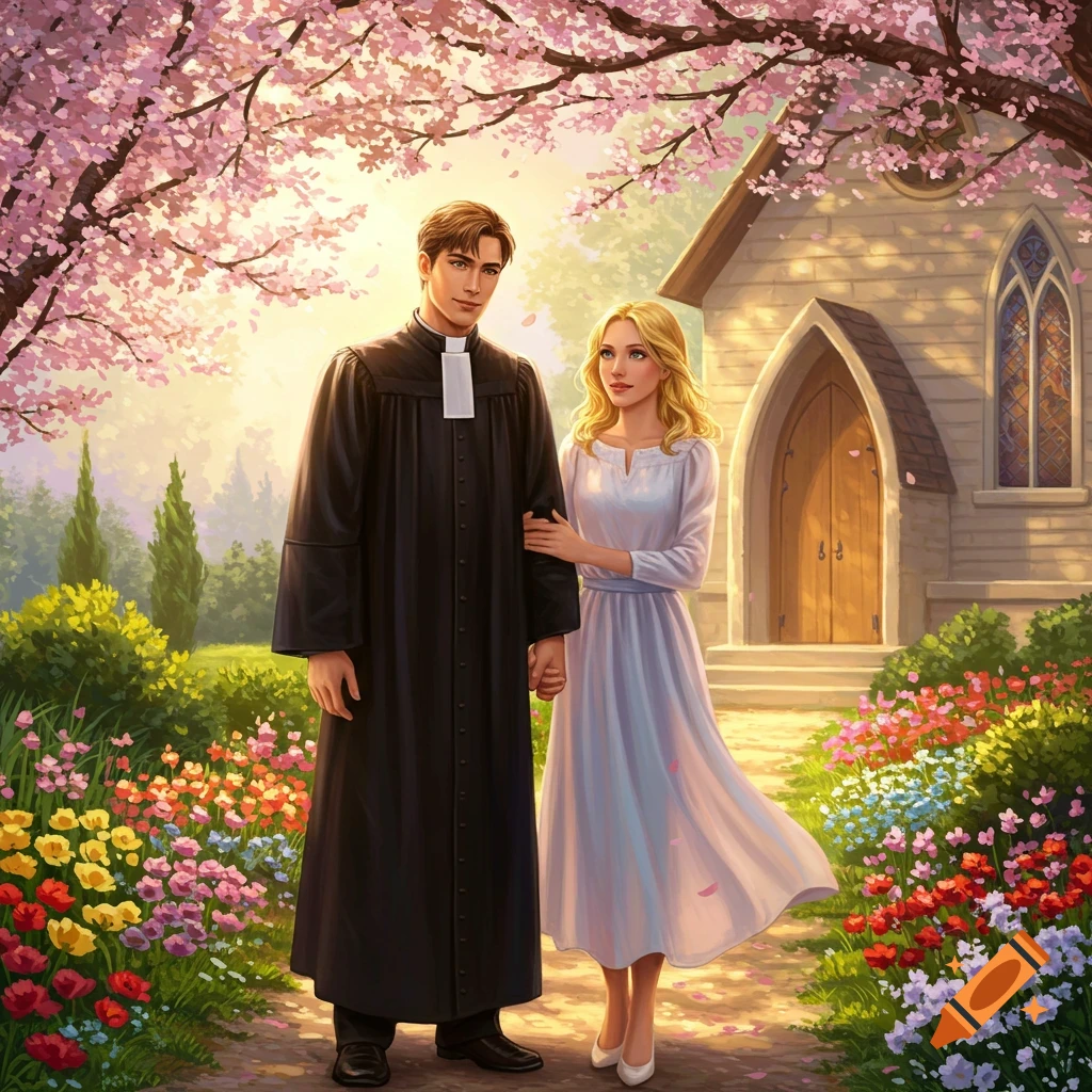 A young pastor and a woman in a white dress stand holding hands on a path, surrounded by cherry blossom trees and flowers, with a church in the background.
