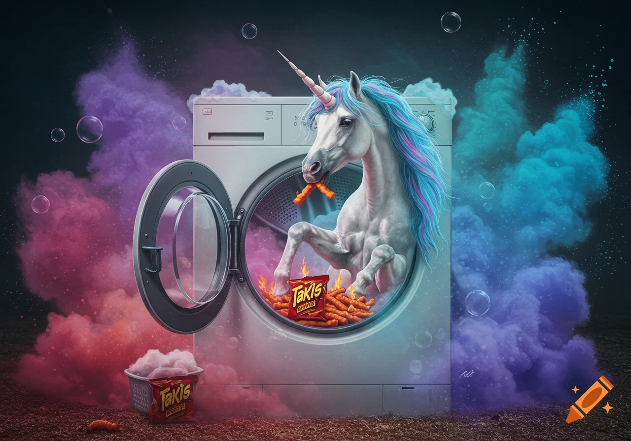 A white unicorn with a blue and pink mane eats orange Takis snacks inside an open washing machine, surrounded by colorful purple and blue smoke. More Takis are in a basket on the ground.