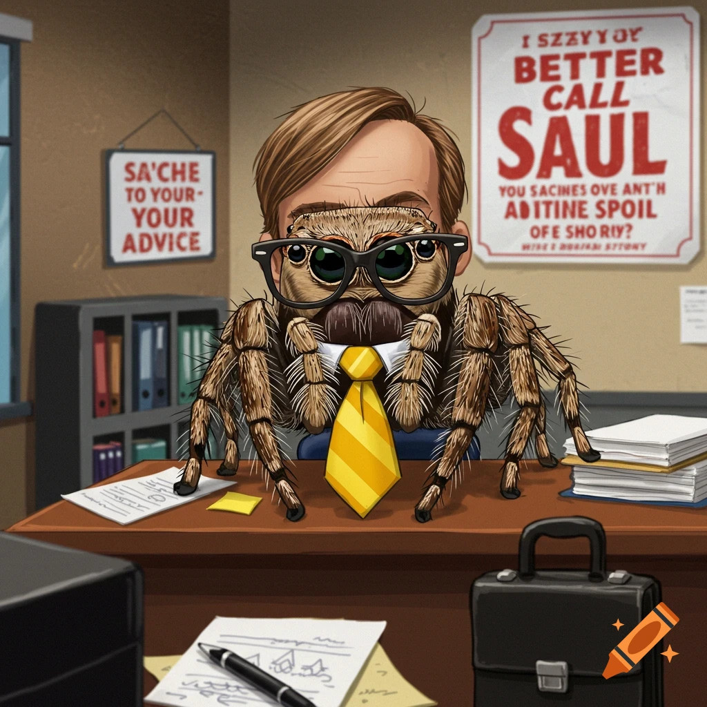 A cartoon jumping spider with the head of Saul Goodman, wearing glasses and a yellow striped tie, sitting at an office desk with "Better Call Saul" signs in the background.