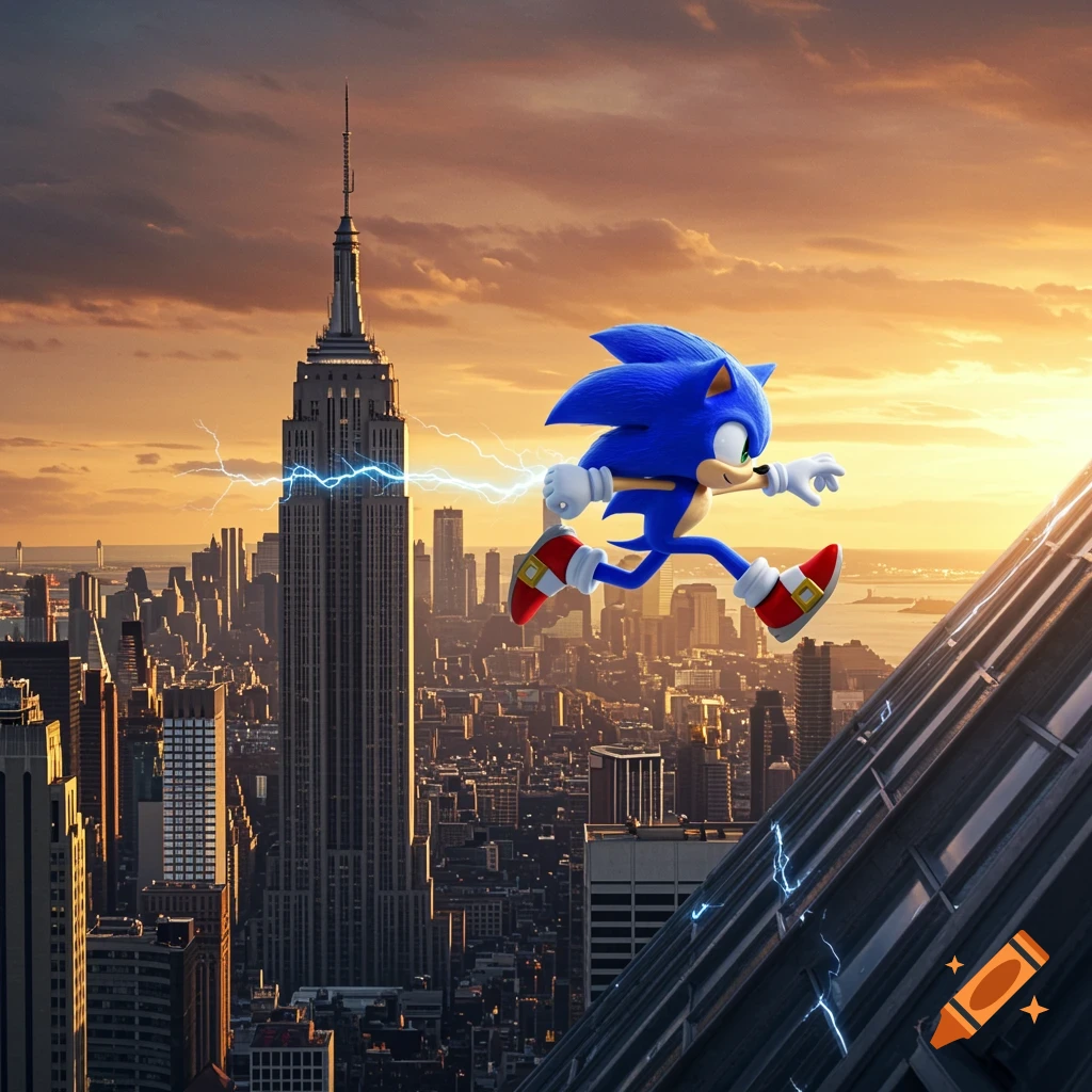 Sonic the Hedgehog runs across the side of the Empire State Building, with lightning trailing behind him against a sunset cityscape.