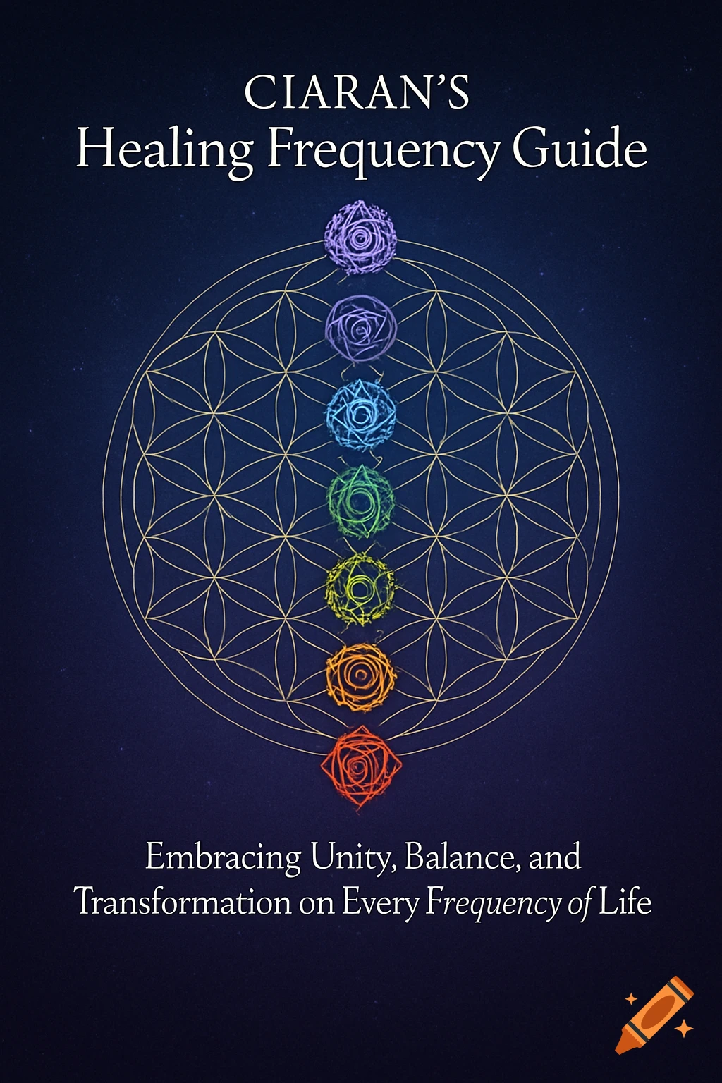 A book cover with a golden Flower of Life mandala on a dark blue cosmic background, featuring vertical chakra symbols in various colors. Text reads "CIARAN'S Healing Frequency Guide" and "Embracing Unity, Balance, and Transformation on Every Frequency of Life."