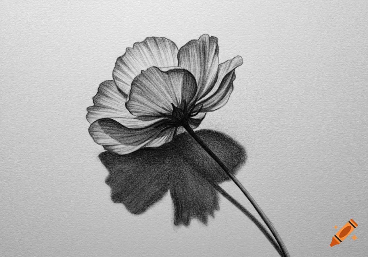 A monochrome charcoal drawing of a flower viewed from below, on textured paper.