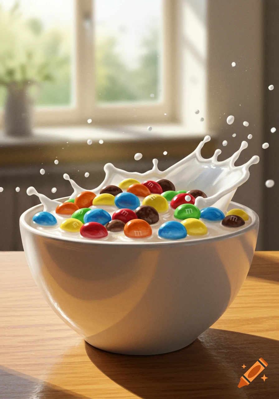 Photorealistic image of colorful M&M candies in a bowl of milk with a splash, on a wooden table by a window.