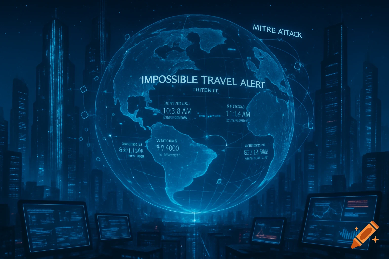 A glowing blue holographic globe showing continents and data, with text 'IMPOSSIBLE TRAVEL ALERT' and 'MITRE ATTACK'. Futuristic city skyscrapers in the background and screens with data in the foreground.