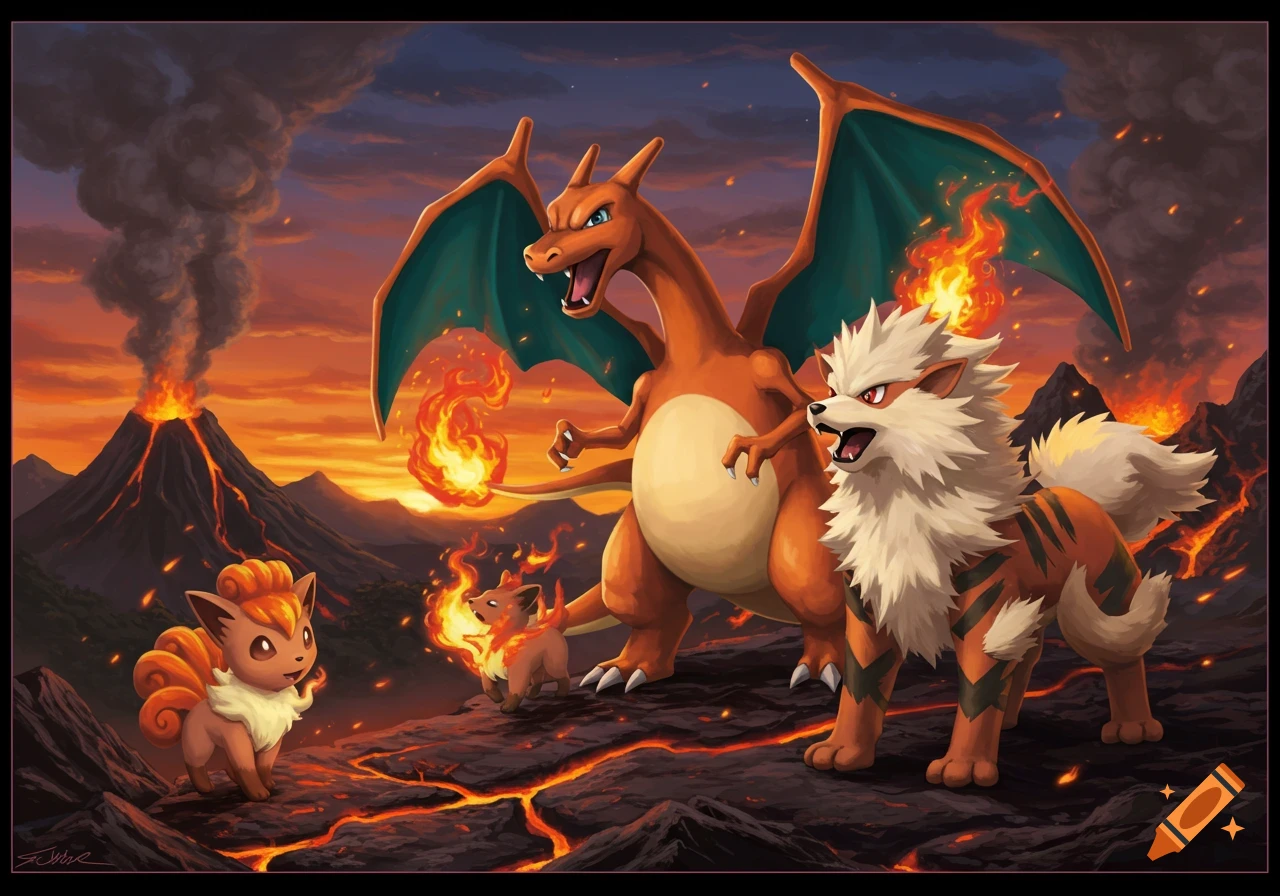 An illustration of Charizard, Arcanine, Vulpix, and a small fire-type creature standing on cracked lava near erupting volcanoes under an orange sky.