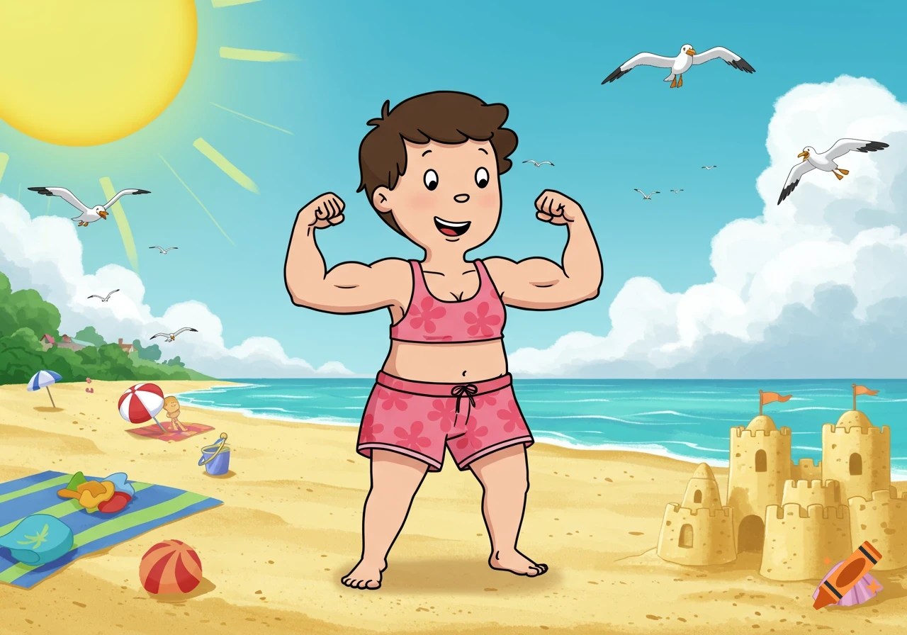 Caillou's mommy flexing her muscles at a sunny beach in a cartoon style.
