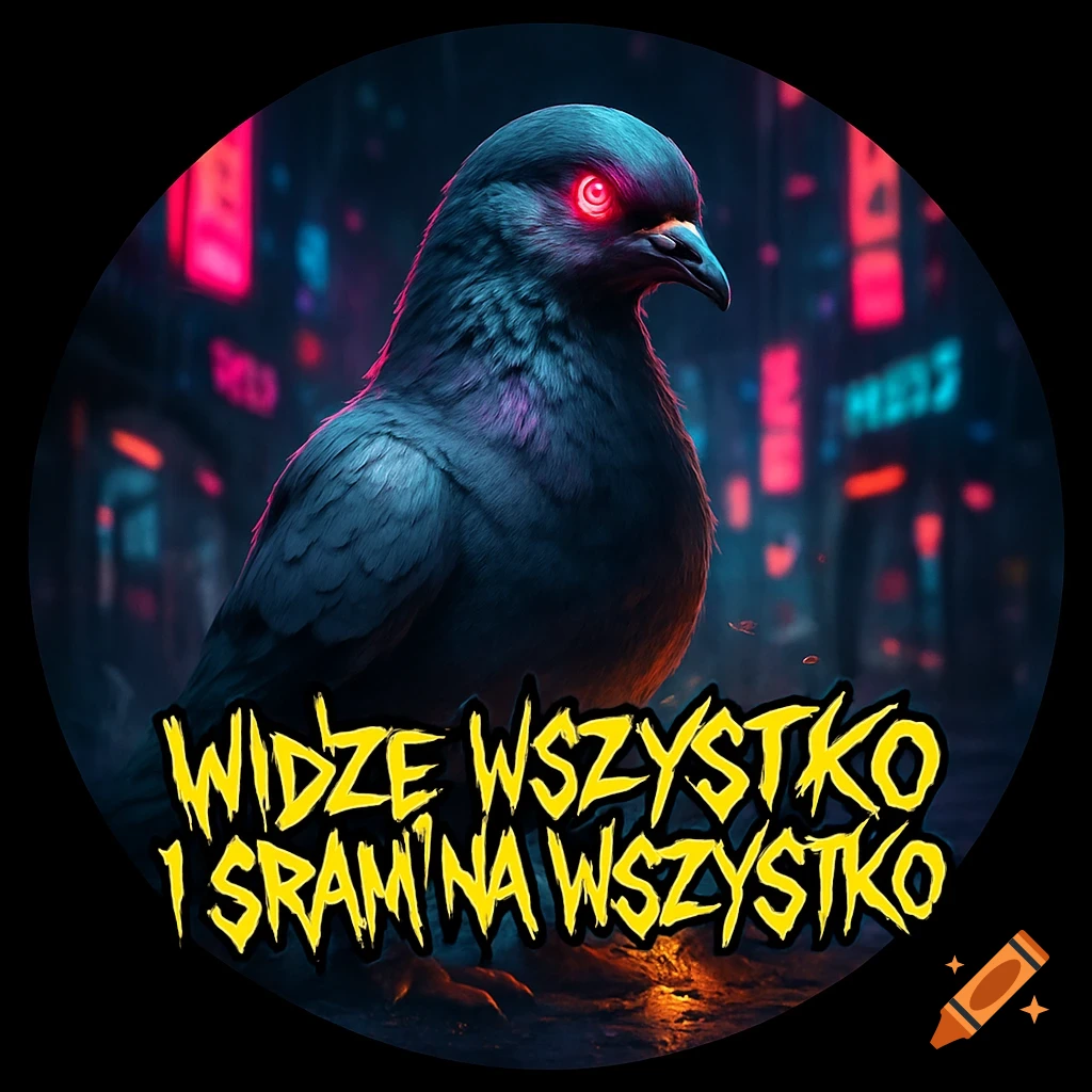 A dark cyberpunk pigeon with glowing red eyes stands in a neon-lit urban setting with yellow graffiti text.