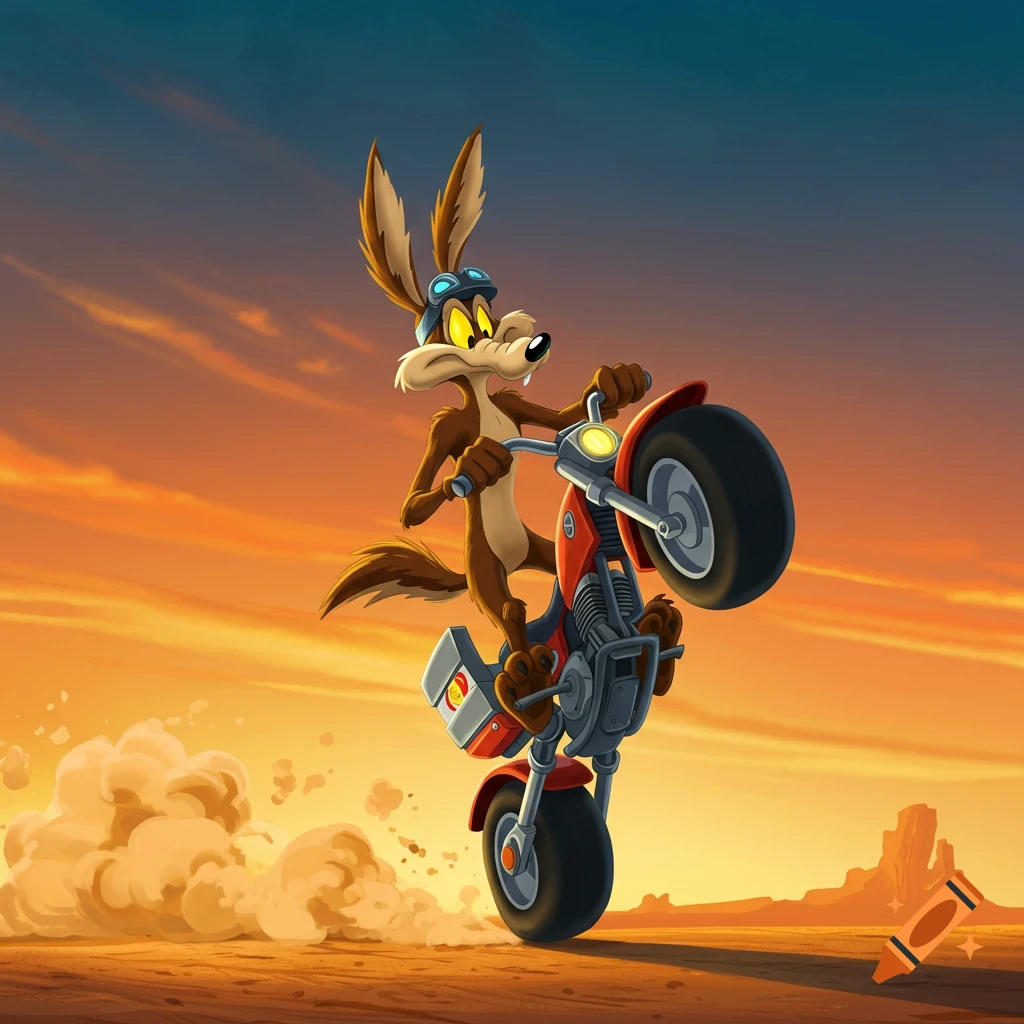 Wile E. Coyote riding a motorcycle on its back wheel, kicking up dust in a desert at sunset, cartoon style.