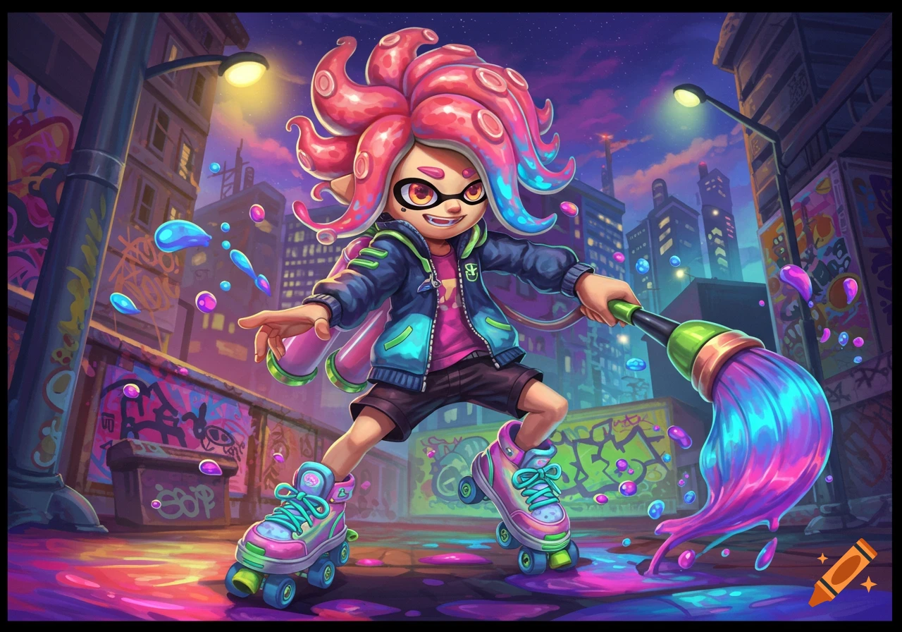 A colorful, cartoon Octoling character on roller skates holds a paint roller, splattering neon paint on a vibrant, graffiti-filled urban street at dusk.
