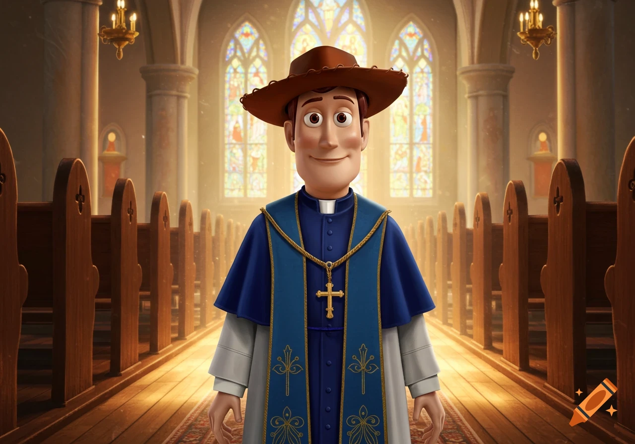 A 3D animated Woody from Toy Story wearing a priest's robe and hat, standing in a church with stained glass windows.
